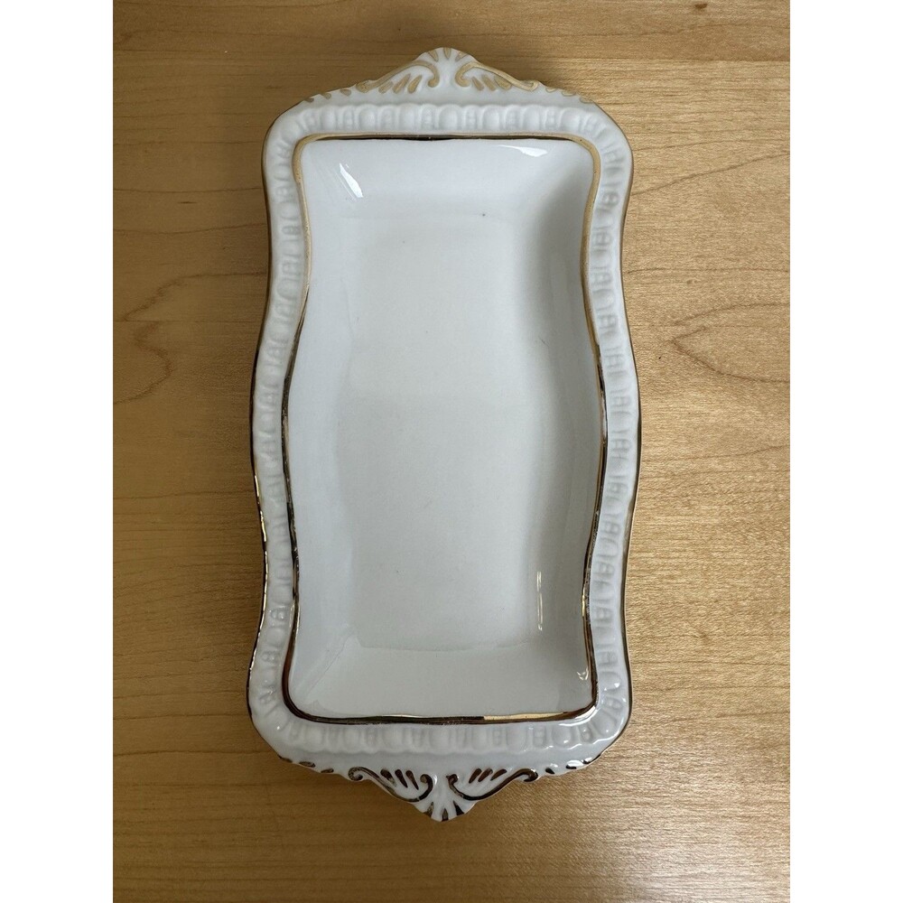 Vintage Porcelana De Cuernavaca Mexico Trinket Dish White with Gold Trim 1987